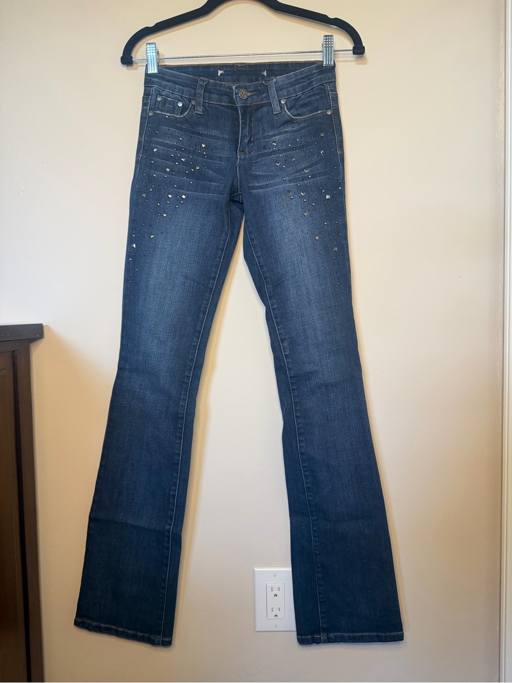 Tractr Dark Blue Women's Straight Leg Jeans with Stud Accents